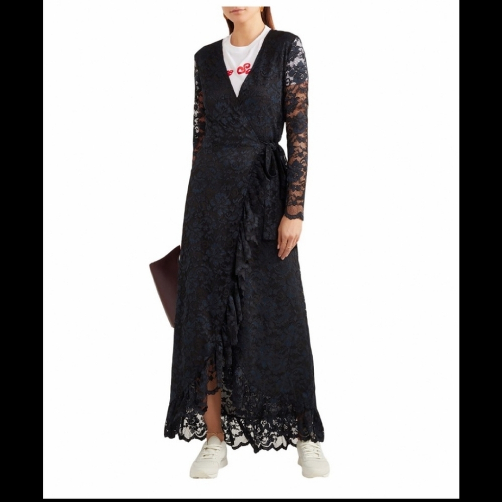 Ganni Flynn Blue  Lace Maxi Wrap Dress SZ 8 NWT